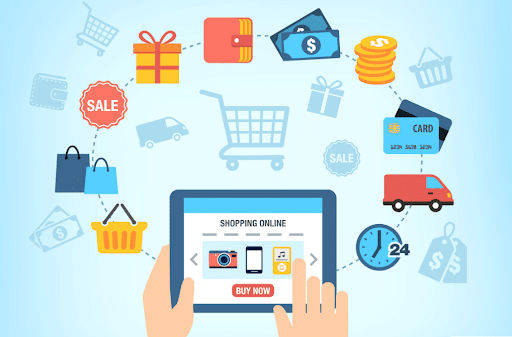 A Imagem ilustra o E-commerce a partir da ilustração de uma pessoa segurando um tablet ao centro da imagem e ao redor vários objetos simbolizando as diversas possibilidades de compra, bem como sacolas e presentes.