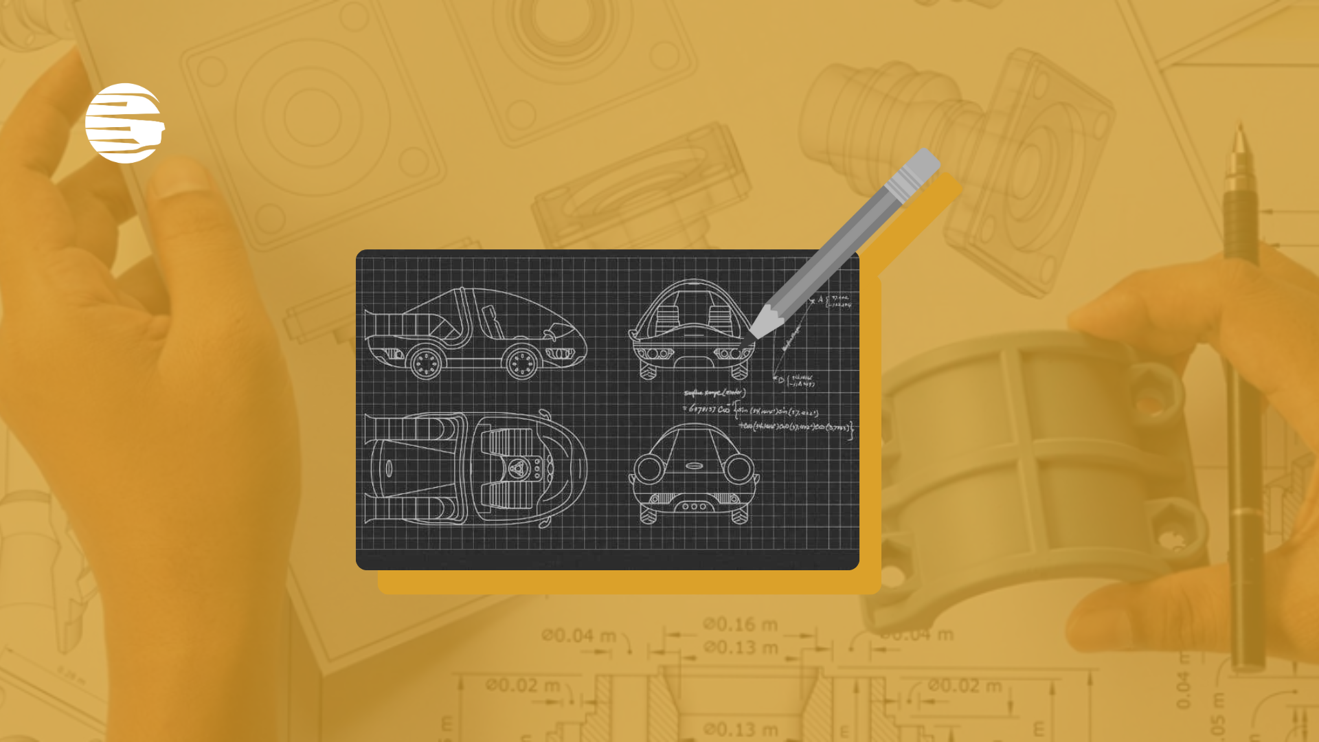 Ao fundo, uma imagem amarela que mostra uma pessoa segurando uma peça e lápis, sendo que, de fundo, há um desenho técnico da peça. Em primeiro plano, um desenho técnico de um carro em conjunto com um lápis e suas sombras em amarelo. No canto superior esquerdo, a logo da EJUR - Soluções Jurídicas, primeira empresa júnior exclusivamente jurídica do mundo.